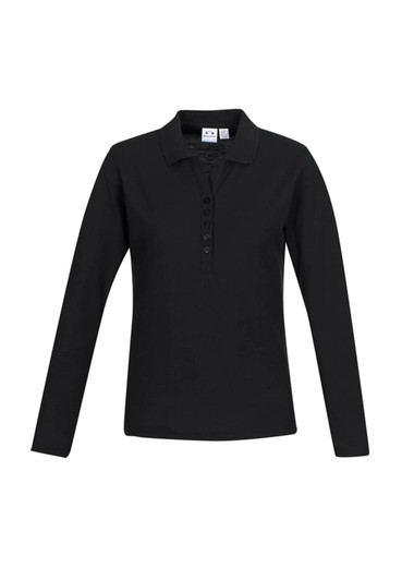 A black long sleeve polo shirt featuring a buttoned placket and a logo on the label.