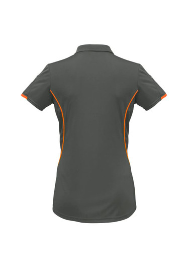 A dark grey women's short sleeve polo shirt with orange accents and a logo.