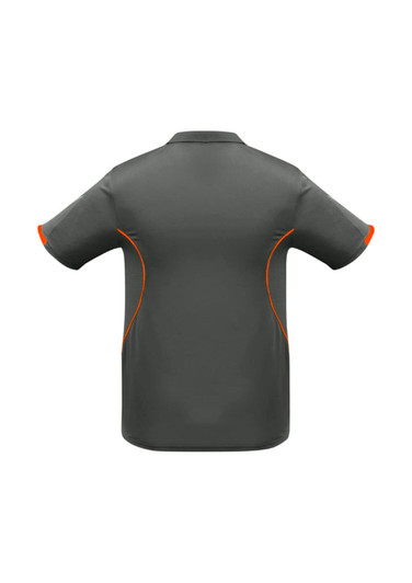 A grey polo shirt with orange accents, featuring a logo on the left side. Short sleeves and a classic collar design.