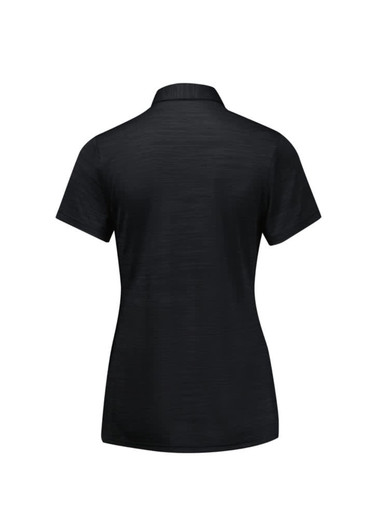 A black short sleeve polo shirt for women featuring a collar and a branding logo. Back view is displayed.