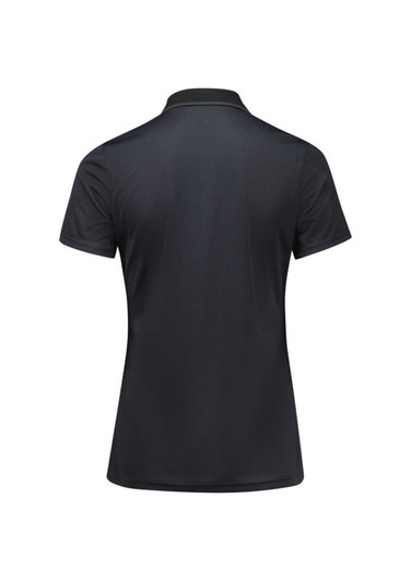 A women's short sleeve polo shirt in black, featuring a subtle textured pattern and a collar. It has a logo on the front.