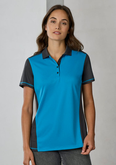 A women's short sleeve polo shirt in vibrant blue and black, featuring a collar and buttons, with a logo present.