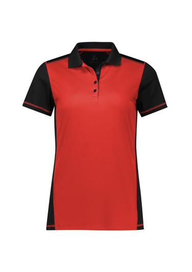 A women's short sleeve polo shirt in red and black with a logo on the chest.
