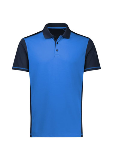A short sleeve polo shirt in bright blue, featuring a dark blue collar and side panels, with a logo on the chest.