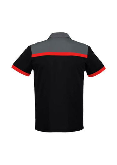 A short sleeve polo shirt in black with grey and red accents, featuring a logo on the back.