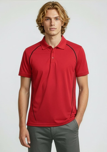 A red short sleeve polo shirt with black accents and a branded logo. Model stands confidently wearing it.