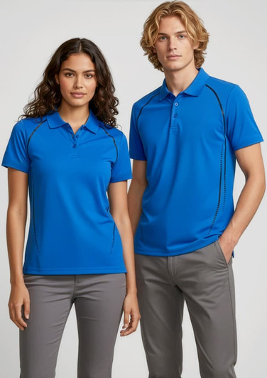A blue short sleeve polo shirt for men, featuring a logo, styled with grey pants.