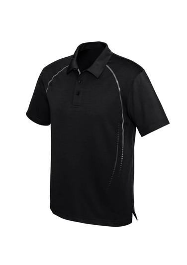 A black short sleeve polo shirt featuring a subtle design and a logo on the front.