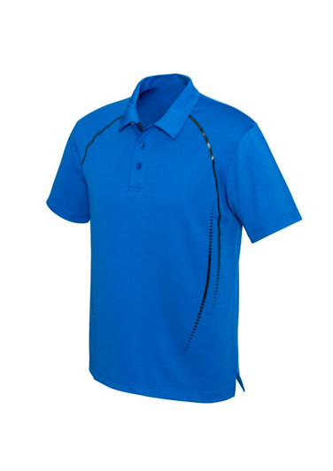 A blue short sleeve polo shirt featuring a subtle design along the sides and a logo on the chest.