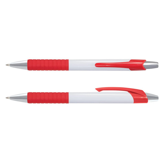 A plastic pen with a white barrel and red grip, featuring a chrome trim and logo.