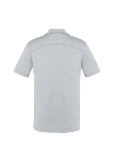 A grey short sleeve polo shirt with a smooth back design and a logo on the upper back.