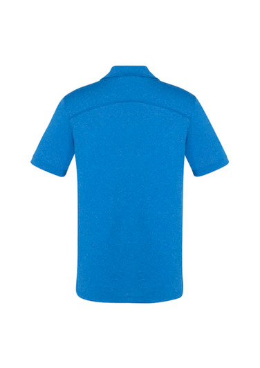 A blue short sleeve polo shirt with a collar and a back seam design. Includes a logo on the front.