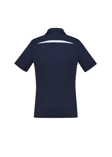 A navy women's short sleeve polo shirt featuring a back design and a logo.