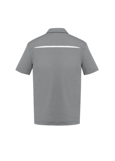 A grey short sleeve polo shirt featuring a subtle reflective stripe on the back and a logo on the front.