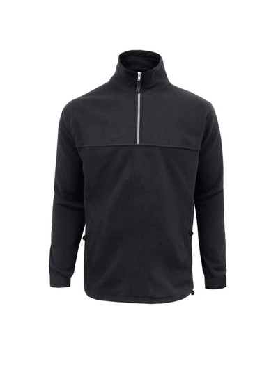 A men's heavyweight fleece jumper in black, featuring a zippered neck and side pockets. It has a logo on the front.