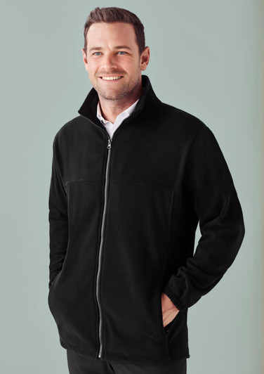 A black men's plain micro fleece jacket with a zip front, featuring a logo on the chest and side pockets.