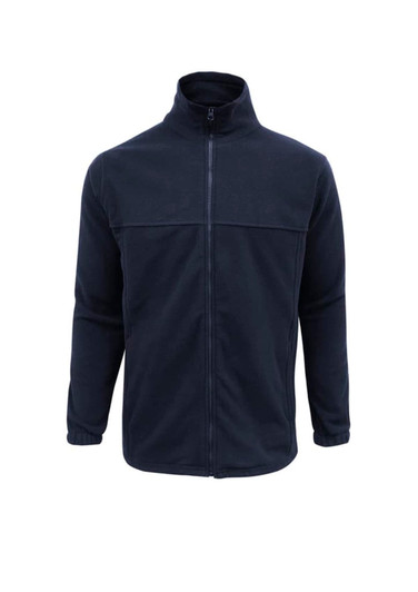 A navy micro fleece jacket with a zip closure and stand-up collar. Features long sleeves and a logo.