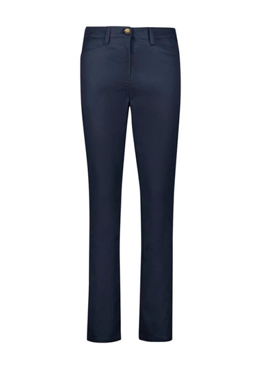 A pair of women's slim leg stretch chino pants in navy, featuring a front button closure and pockets.