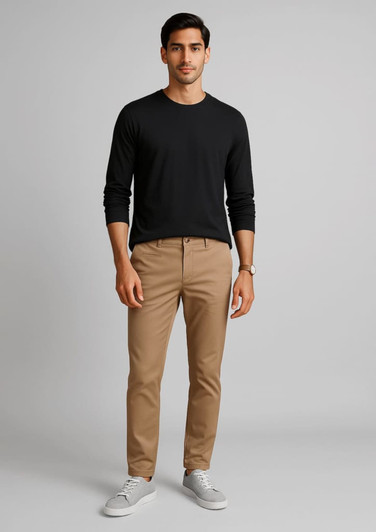 A man is wearing tan tapered stretch chino pants paired with a black long-sleeve shirt and white sneakers.