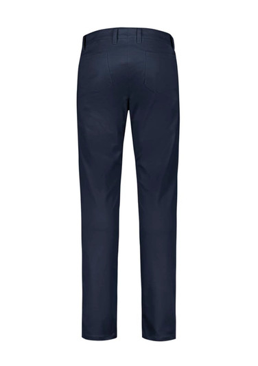 A pair of navy stretch chino pants featuring a plain back design with pockets. There is a logo on the waistband.