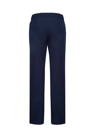 Navy women's adjustable waist pants with a straight-leg fit and a back view. Features a logo on the waistband.