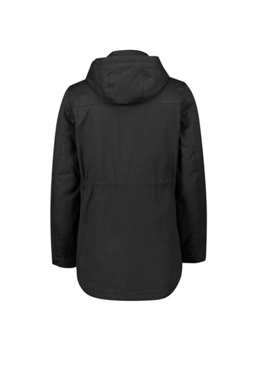 A black women's jacket featuring a hood and a loose fit, with a logo on the back.