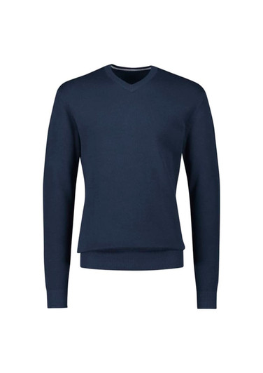 A navy knitted jumper featuring a V-neck design and long sleeves, complete with a branded logo.