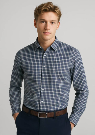 A button-up shirt in navy blue with a checked pattern, featuring long sleeves and a collar. It has a logo.