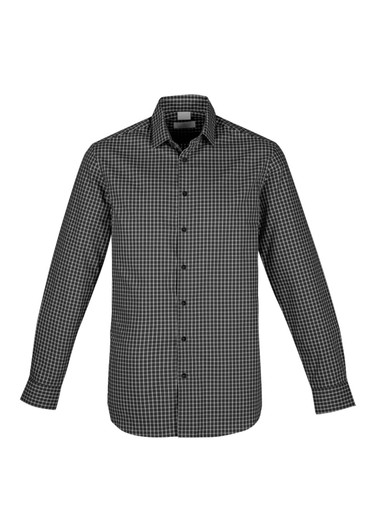A black and white checked long sleeve button-up shirt featuring a collar and a logo.