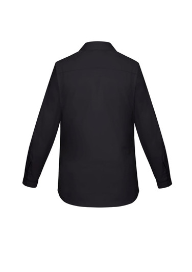 A black women's long sleeve button-up shirt with a classic collar and a plain back design.