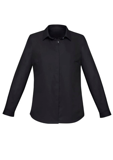 A black women's button-up shirt featuring long sleeves and a classic collar, with a logo on it.