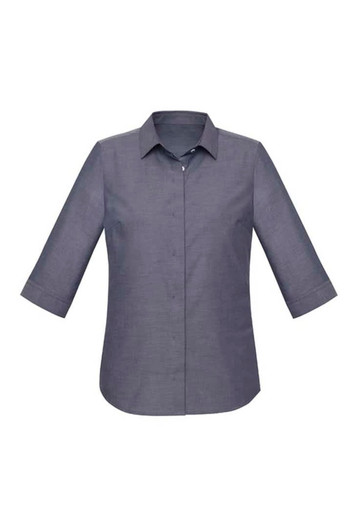 A grey women's button-up shirt with a 3/4 sleeve design and a collar, featuring a logo on the side.
