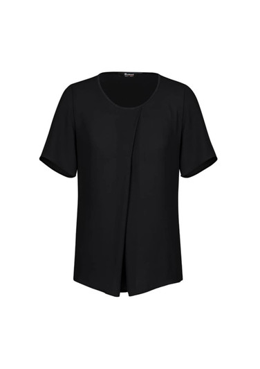 A black short sleeve T-shirt with a round neckline and a relaxed fit, featuring a subtle front drape.