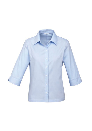 A light blue women's button-up shirt with 3/4 sleeves, featuring a collar and rolled cuffs.