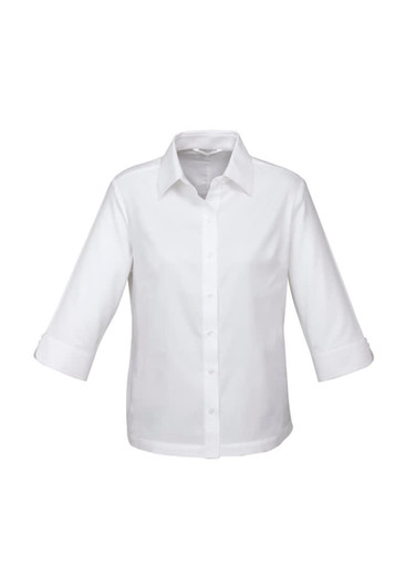 A white women's 3/4 sleeve button-up shirt with a collar and rolled sleeves, featuring a small logo.