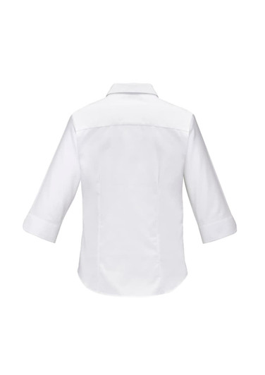 A white women's luxe 3/4 sleeve button-up shirt, featuring a classic collar and a smooth back design.