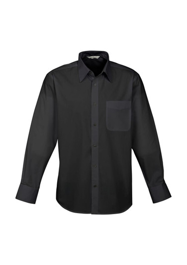 A black long sleeve button-up shirt with a chest pocket and a collar. It features a logo on the label.