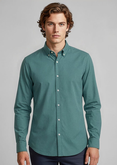 A men's long sleeve button-up shirt in a teal colour, featuring a collar and a logo on the chest.