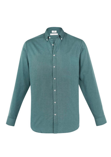 A green long sleeve button-up shirt with a collar and front buttons, featuring a logo on the label.