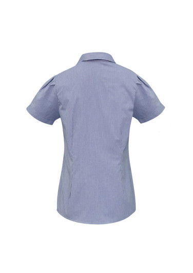 A women's short sleeve button-up shirt in a blue and white check pattern, featuring a fitted design and a collar.