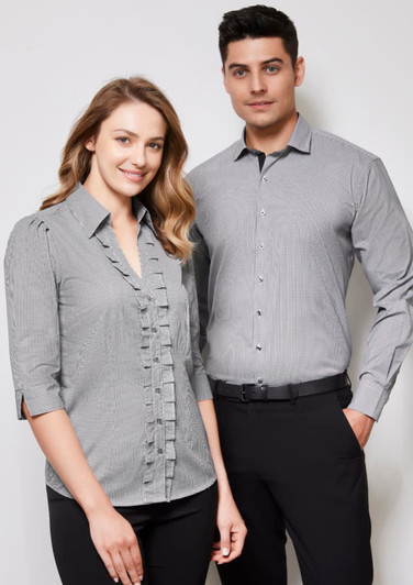 A grey and white striped button-up shirt for men, featuring a classic collar and full-length sleeves, alongside a woman’s similar styled shirt.
