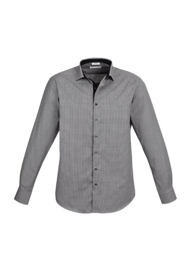 A long sleeve button-up shirt in grey with a subtle check pattern and a branded label on the collar.