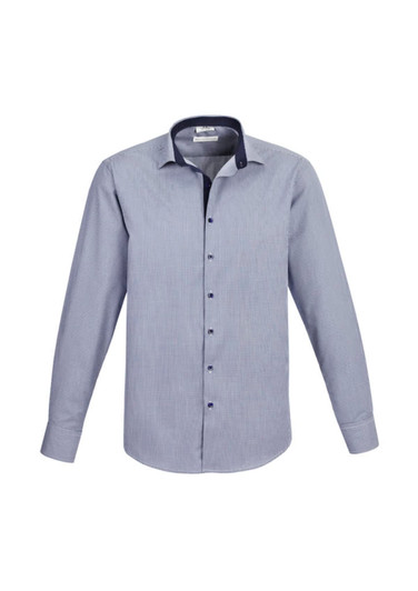 A long sleeve button-up shirt in a blue and white pattern, featuring a contrasting collar and cuffs, with a logo.