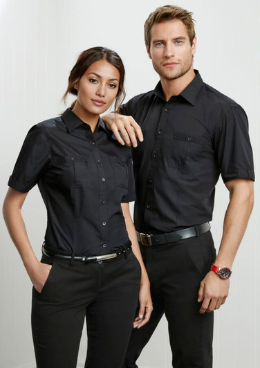 A black short sleeve button-up shirt for women, featuring two chest pockets and a branded logo.