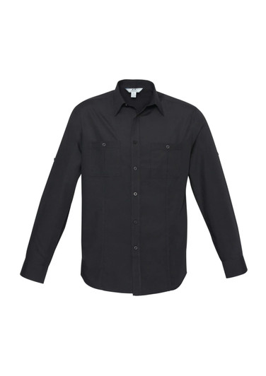 A black long sleeve button-up shirt featuring two chest pockets and a logo.