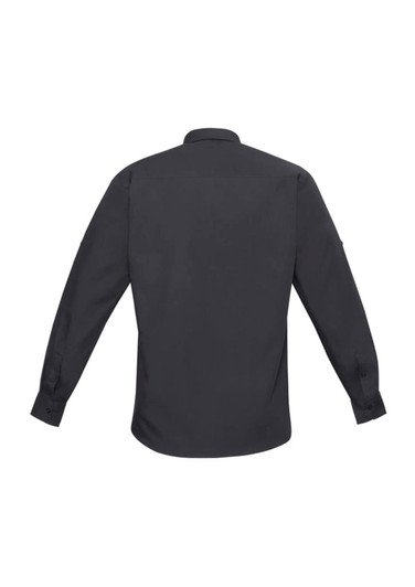 A black long sleeve button-up shirt with a classic collar and cuffed sleeves. Includes a logo on the sleeve.