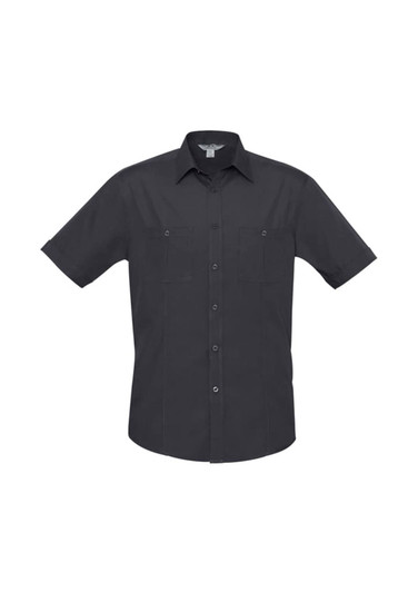 A short-sleeve button-up shirt in dark grey, featuring two front pockets and a collar. It has a logo on the label.