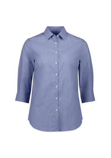 A women's blue and white striped button-up shirt with 3/4 sleeves and a collar. Features buttons down the front and a logo.
