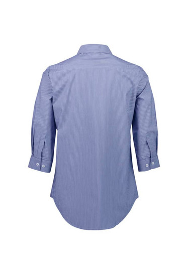 A blue and white striped women's button-up shirt with 3/4 sleeves and a back view. It features a logo.