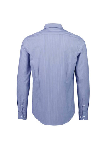 A tailored long sleeve shirt in blue with white stripes, featuring a collared neckline and button cuffs, with branding.